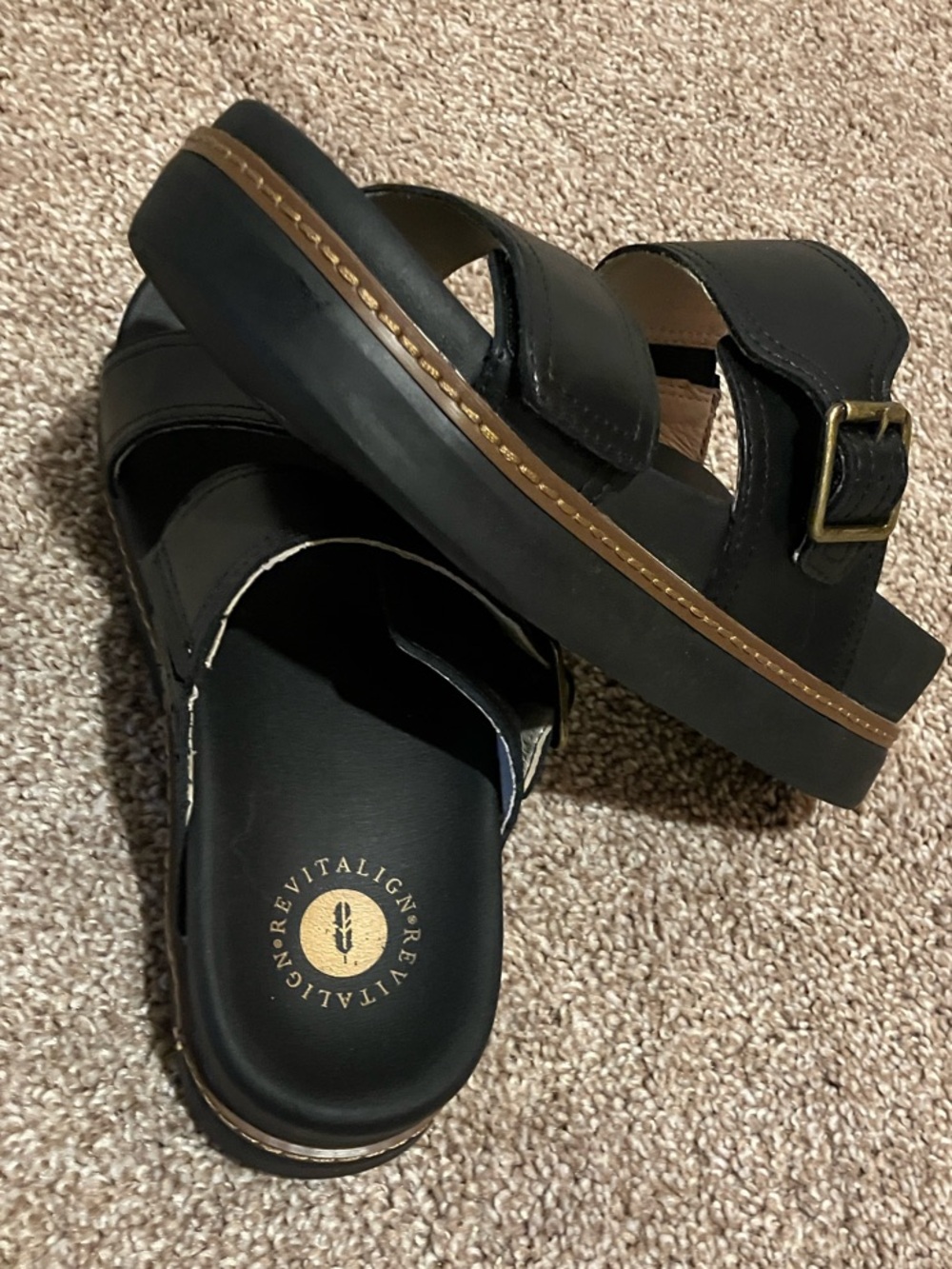 REVITALIGN  Black Slide Sandals with Brown Trim and Buckle